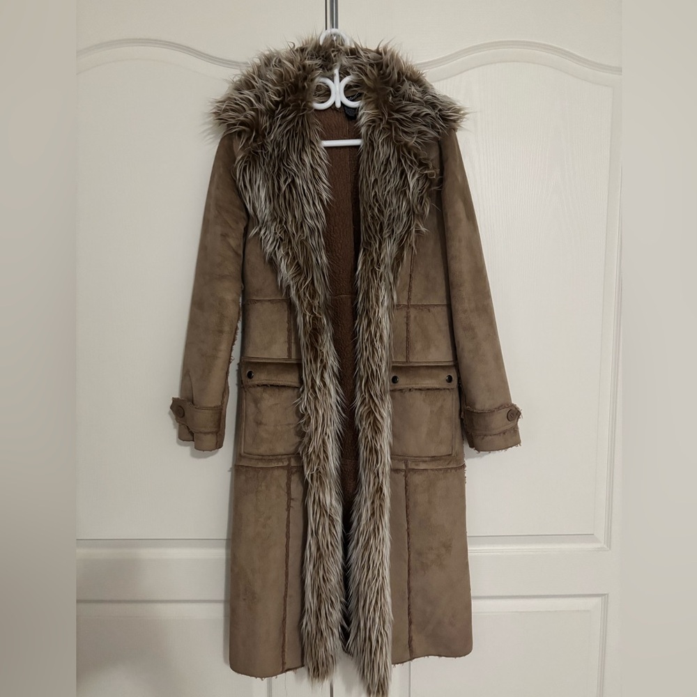 Atmosphere Women's Tan Faux Shearling Long Teddy Coat with Fur Trim